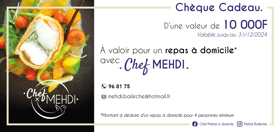 Chèque cadeau pour un repas avec Chef Mehdi
